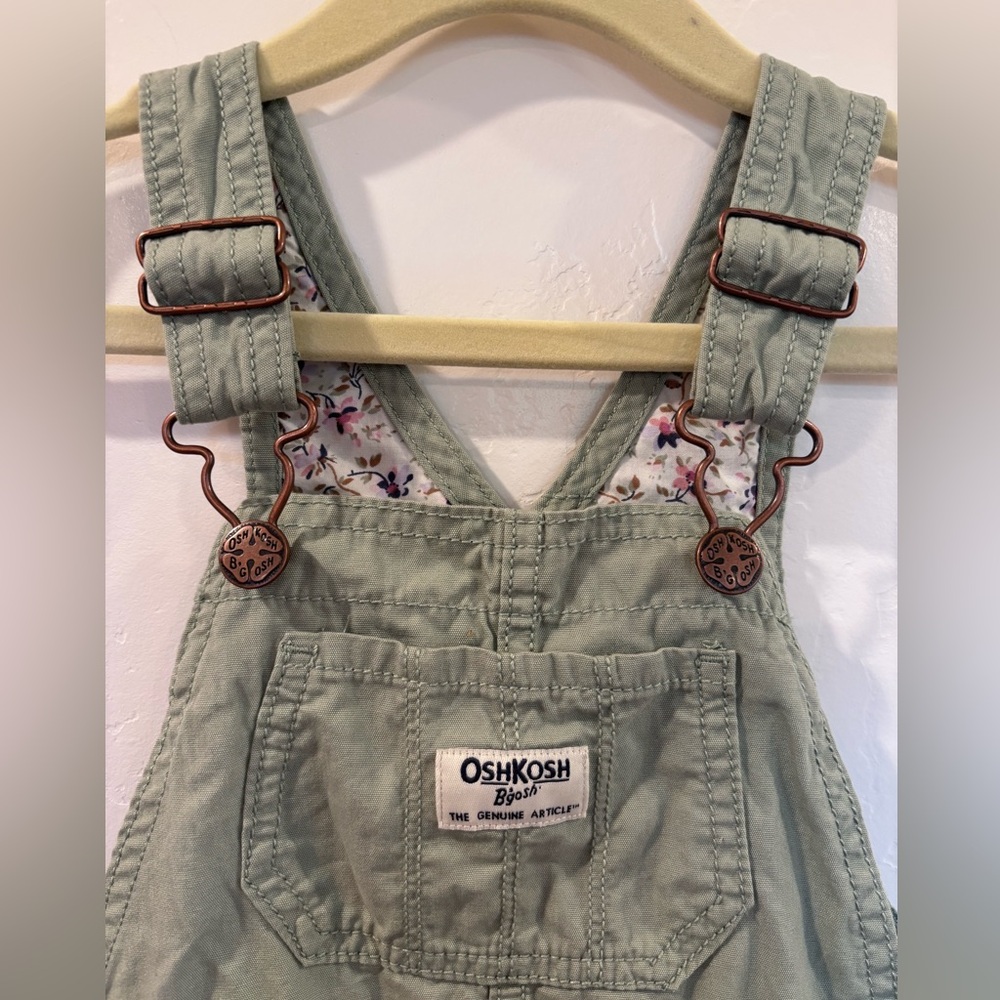 OshKosh B’gosh 2T Sage Green Overalls Floral Cuff Adjustable | A10 - Picture 3 of 5